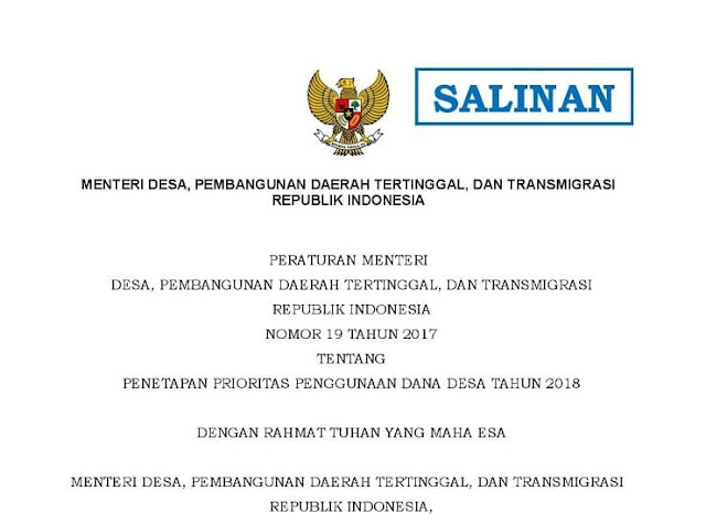 Permendes tentang Prioritas Penggunaan Dana Desa Tahun 2018.