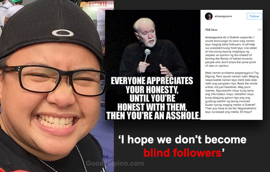 Aiza Seguerra to Duterte's supporters: 'I hope we don't become blind followers'