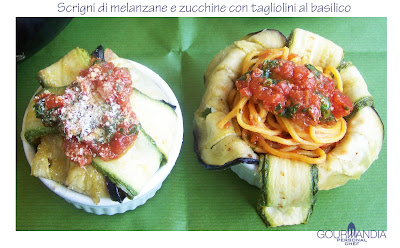 scrigni di melanzane e zucchine con tagliolini al basilico 