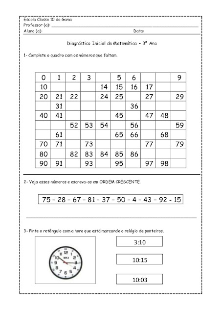 AVALIAÇÃO DIAGNÓSTICA 3 ANO MATEMÁTICA