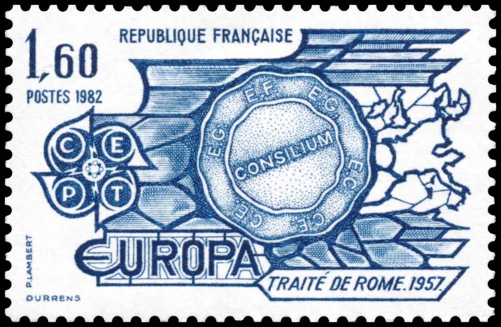 Римский договор 1957. Французская марка 1980. Гербовые марки Франции. Европа штамп. Почтовая марка 1 рубль.
