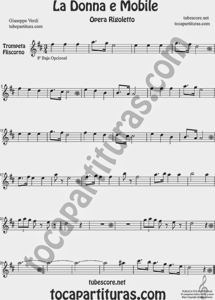 La Donna e Mobile Partitura de Trompeta y Fliscorno Sheet Music for Trumpet and Flugelhorn Music Scores Ópera Rigoleto by G. Verdi