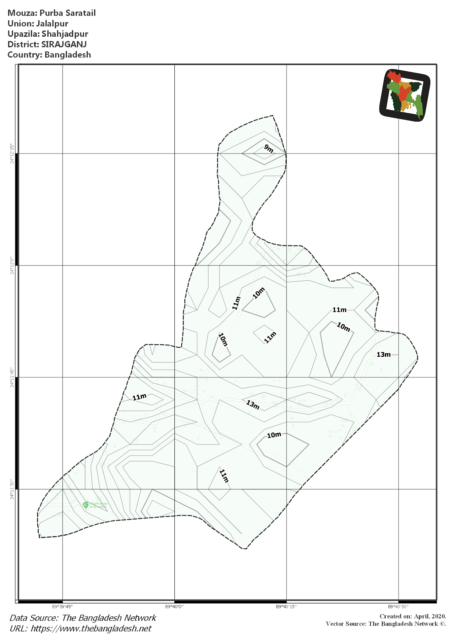 Map of Purba Saratail Mouza of Shahjadpur Upazila, SIRAJGANJ, Bangladesh.