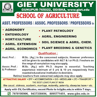 GIET University, Gunupur,  Notification 2019 Professor/ Assistant Professor/Associate Professor