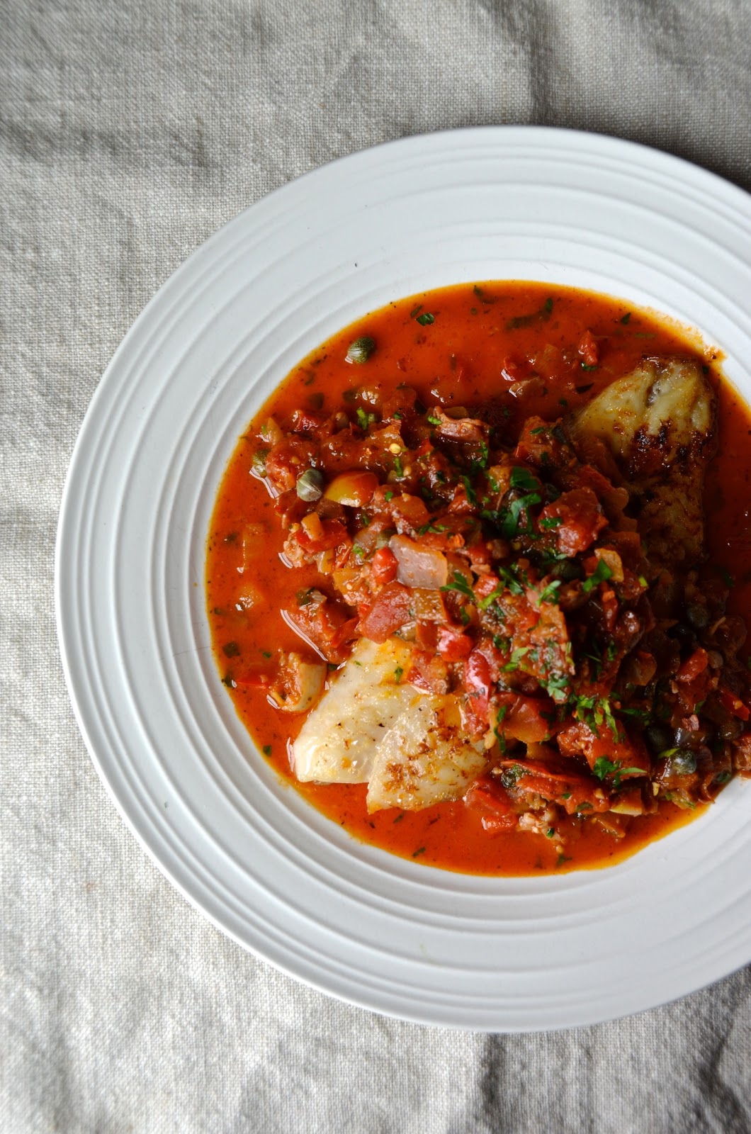 Broiled Fish with Rustic Mediterranean Tomato, Onion & Caper Sauce