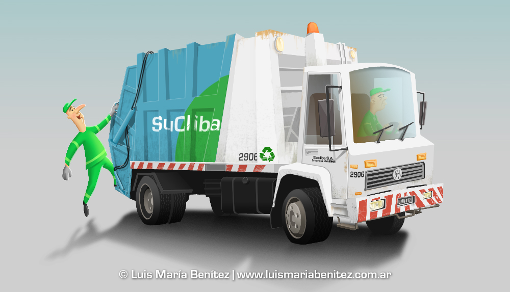 Garbage truck illustration / Ilustración camión de basura © Luis María Benítez