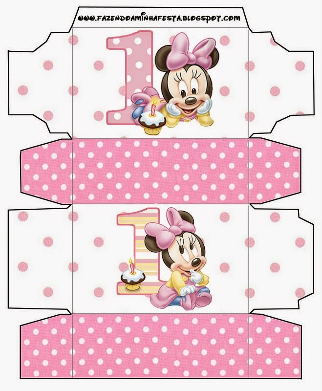 Minnie Primer Año con Lunares: Cajas para Imprimir Gratis. Cajas de Minnie Primer Año con Lunares para imprimir gratis.
