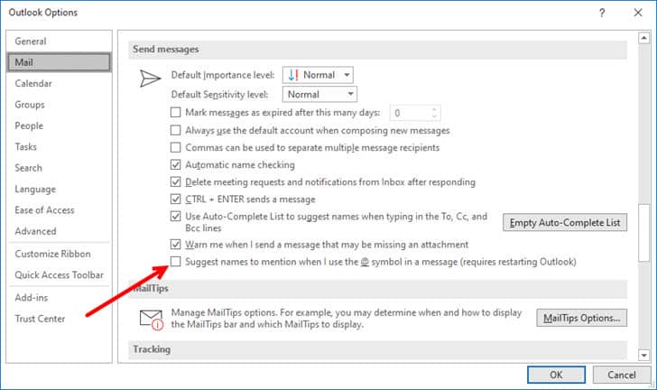 How to disable '@' mentions in Microsoft Outlook?