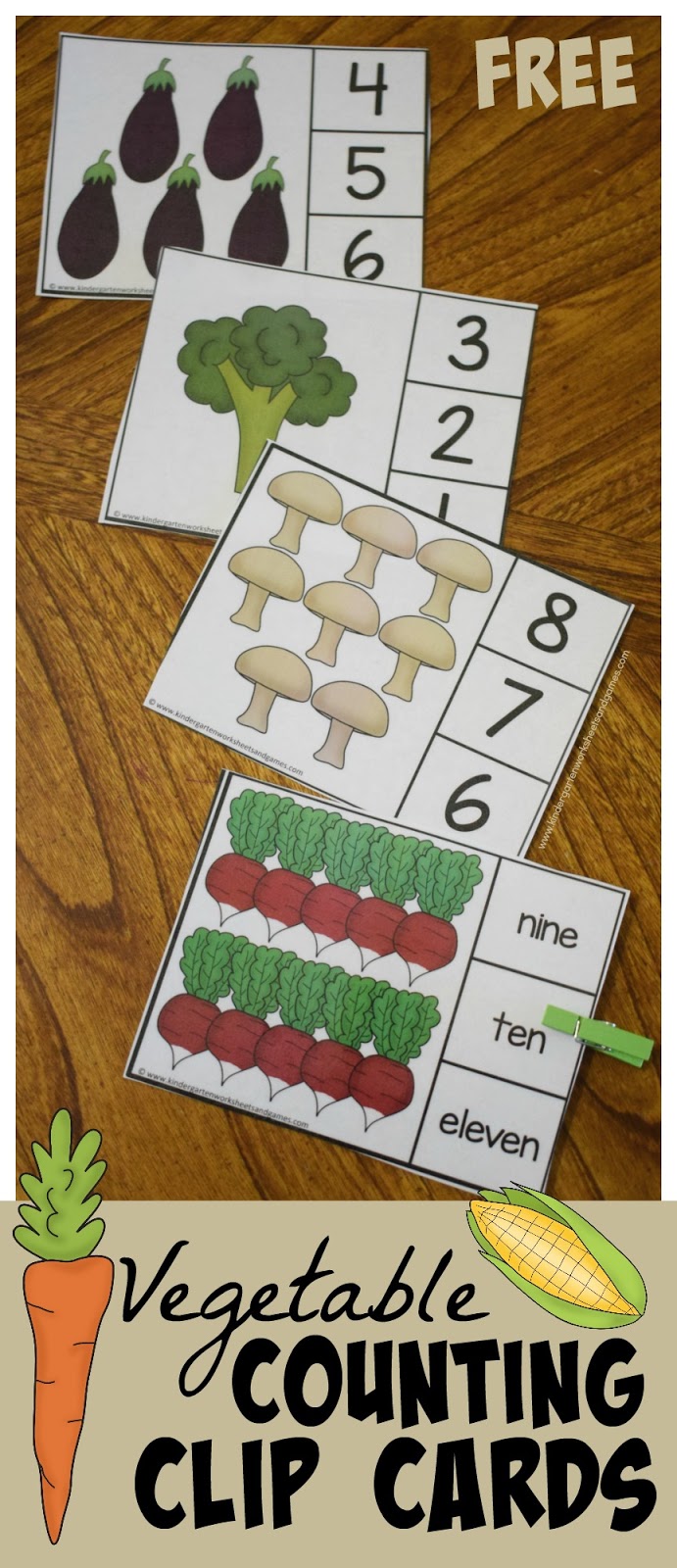 Kindergarten Worksheets and Games: FREE Count to 10 Vegetable Clip Cards