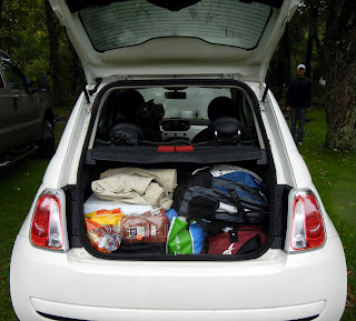 Our Fiat 500 packed up, ready to go on our journey in New England