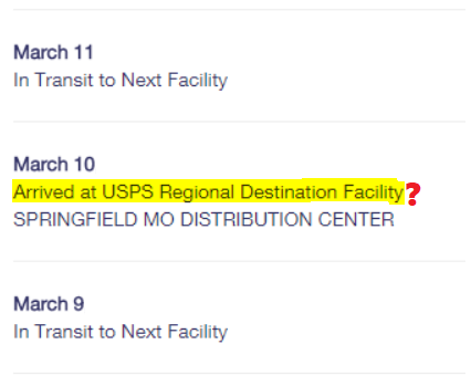 Arrived at USPS Regional Destination Facility