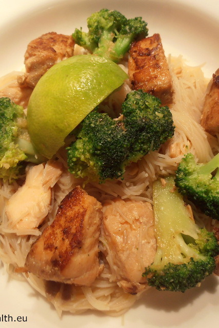 broccoli, rice vermicelli, salmon, teriyaki, recipe, recipes