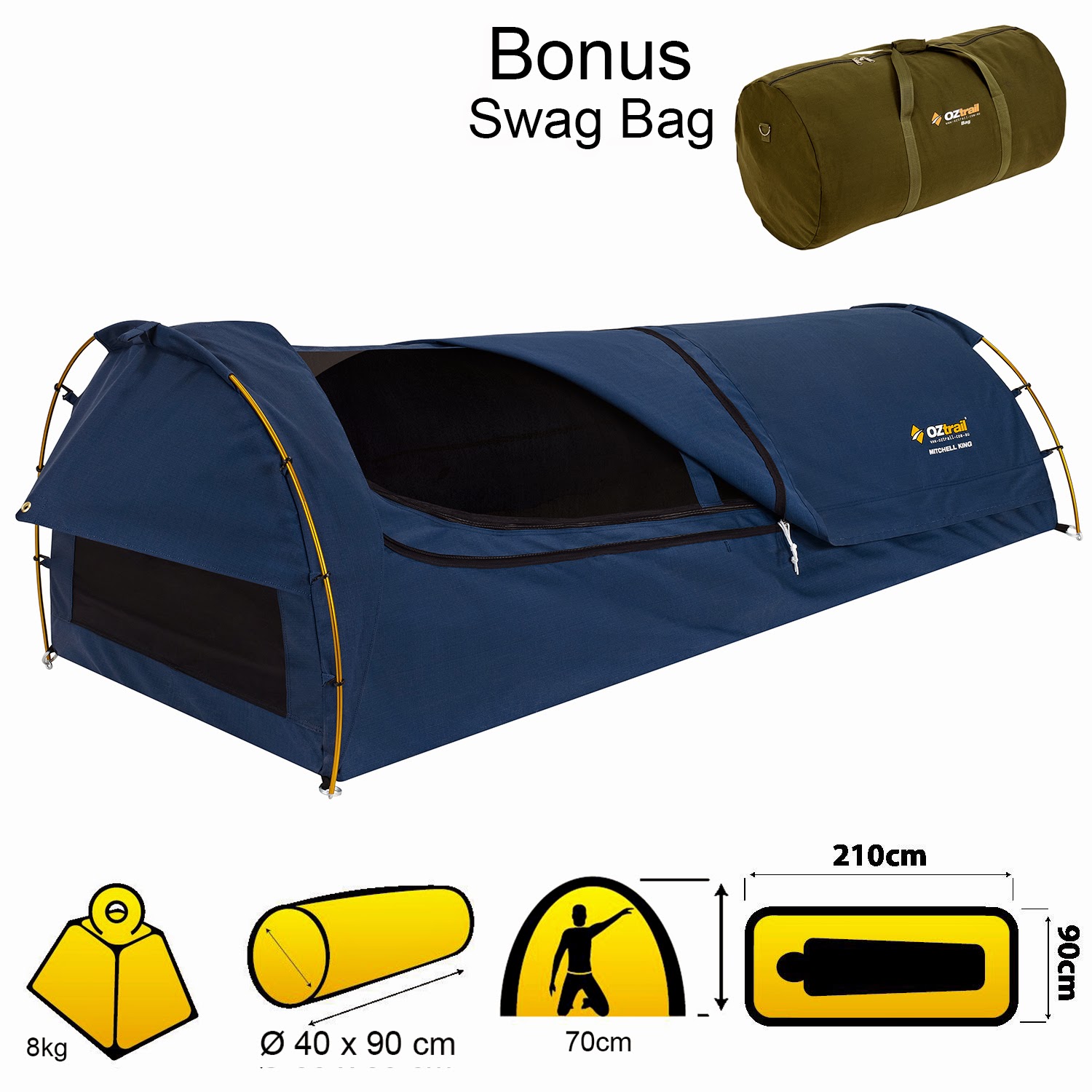 Survive the Elements OZtrail Mitchell Swag King Single NAVY and Canvas