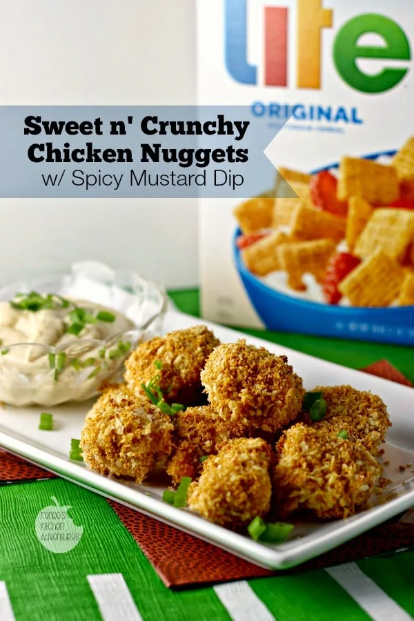 Sweet n' Crunchy Chicken Nuggets w/Spicy Mustard Dip | Renee's Kitchen Adventures Deliciously different baked nuggets great anytime! #QuakerUp #LoveMyCereal #spon