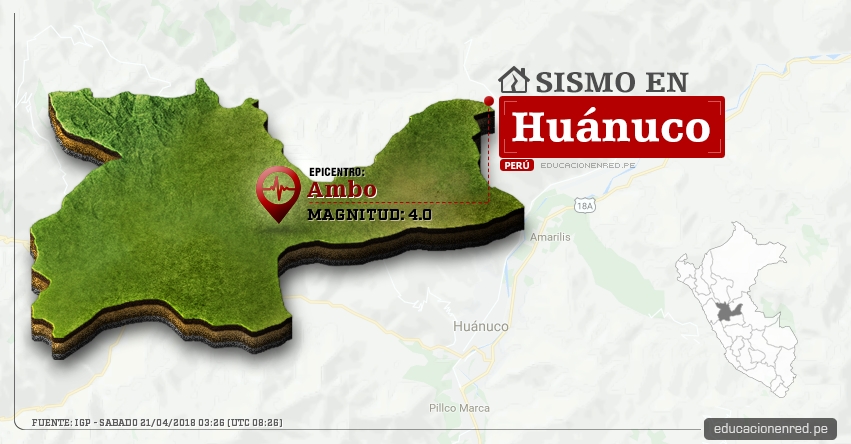Temblor en Huánuco de magnitud 4.0 (Hoy Sábado 21 Abril 2018) Sismo EPICENTRO Ambo - IGP - www.igp.gob.pe Temblor en Huánuco de magnitud 4.0 (Hoy Sábado 21 Abril 2018) Sismo EPICENTRO Ambo - IGP - www.igp.gob.pe