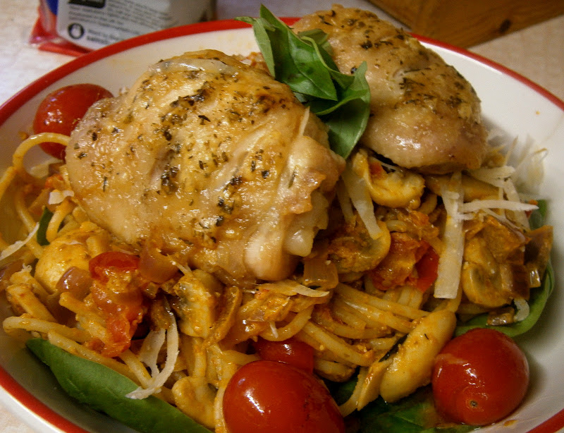 Eat Rainbow Love Crispy chicken thighs with red pesto spaghetti