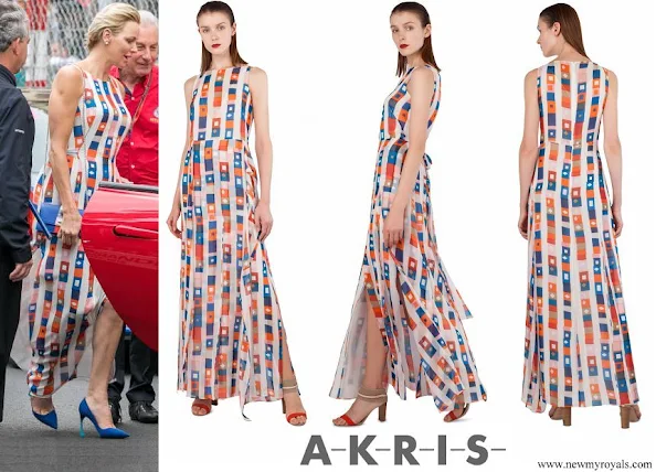 Princess Charlene wore AKRIS sleeveless colorful silk dress
