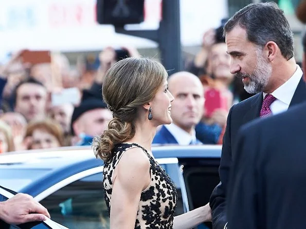 King Felipe, Queen Letizia and Queen Sofia attended ceremony of the Princess of Asturias Award 2016 at Campoamor Theater in Ovedio. Letizia wore diamond earrings, Magrit sandals, Felipe Varela dress