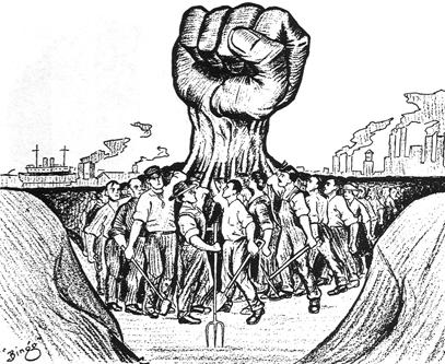 political cartoon of workers uniting to form a giant fist