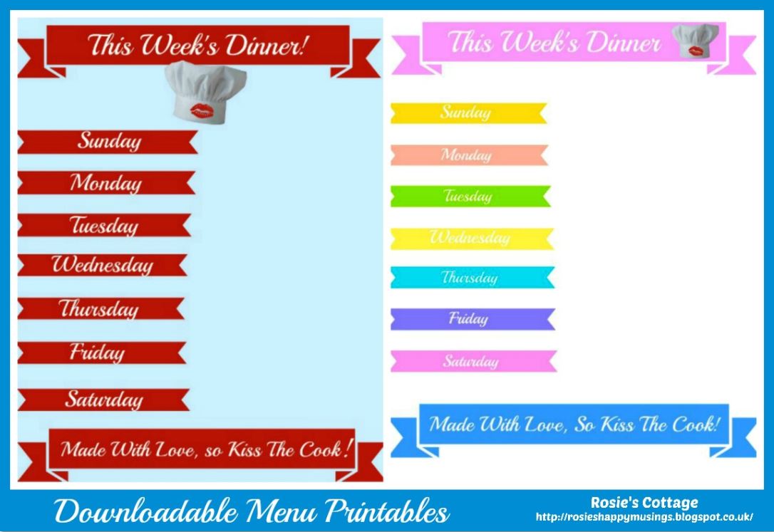 Rosie's Cottage: New Weekly Dinner Menu &amp; Free Printables 😊