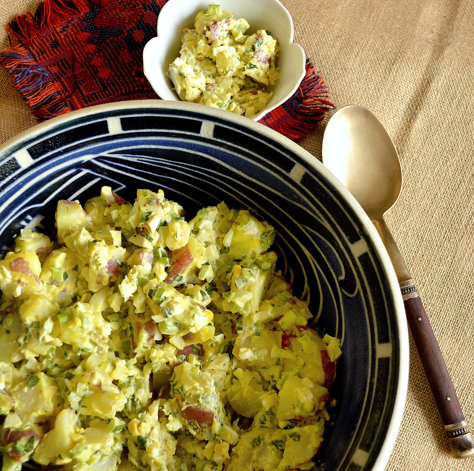 Traditional Potato Salad in a Blue Bowl