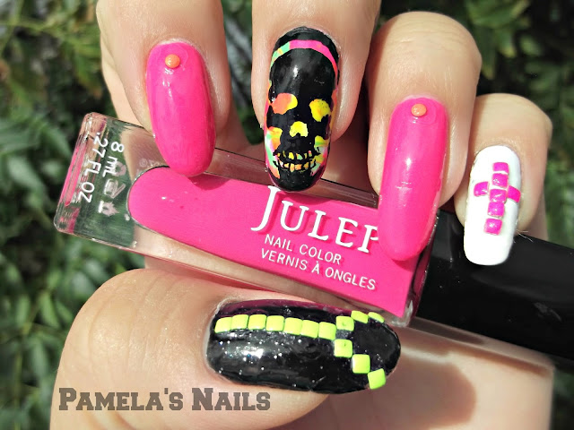 skull neon nails with studs