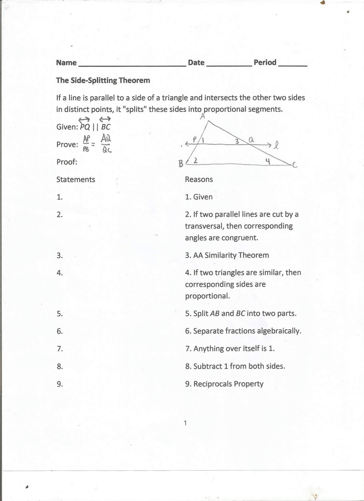Geometry, Common Core Style Lesson 1210 The SideSplitting Theorem
