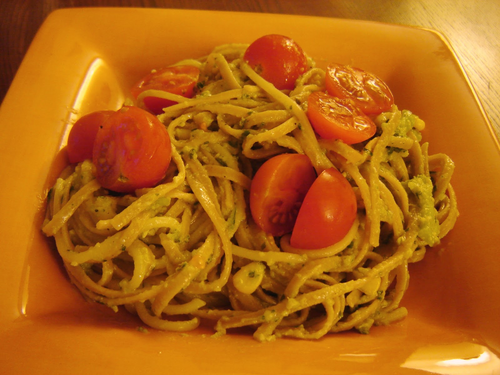 Dinner is Vegan Avocado Pesto and Tomato Pasta