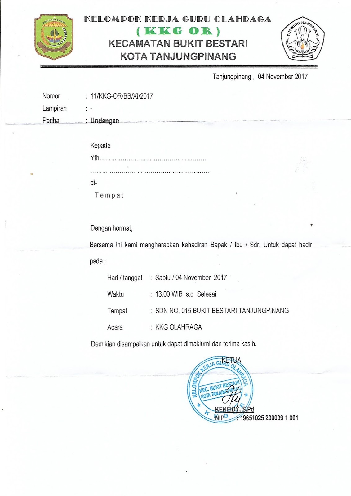 Surat Undangan Kkg Bulan November Kkg Guru Olahraga
