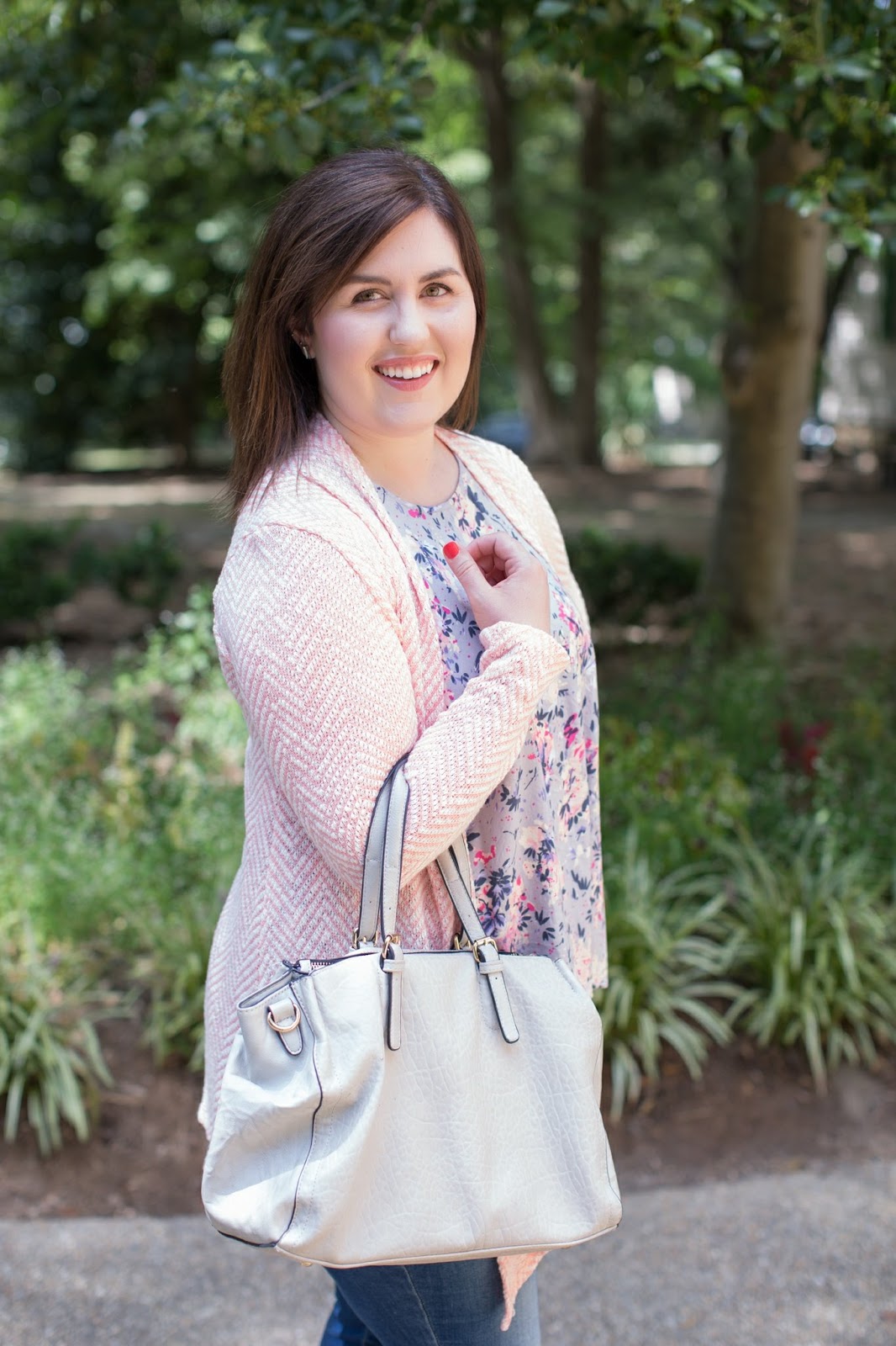 Rebecca Lately Floral Top Pink Chevron Cardigan Old Navy Rockstar Jeans Navy Wedges