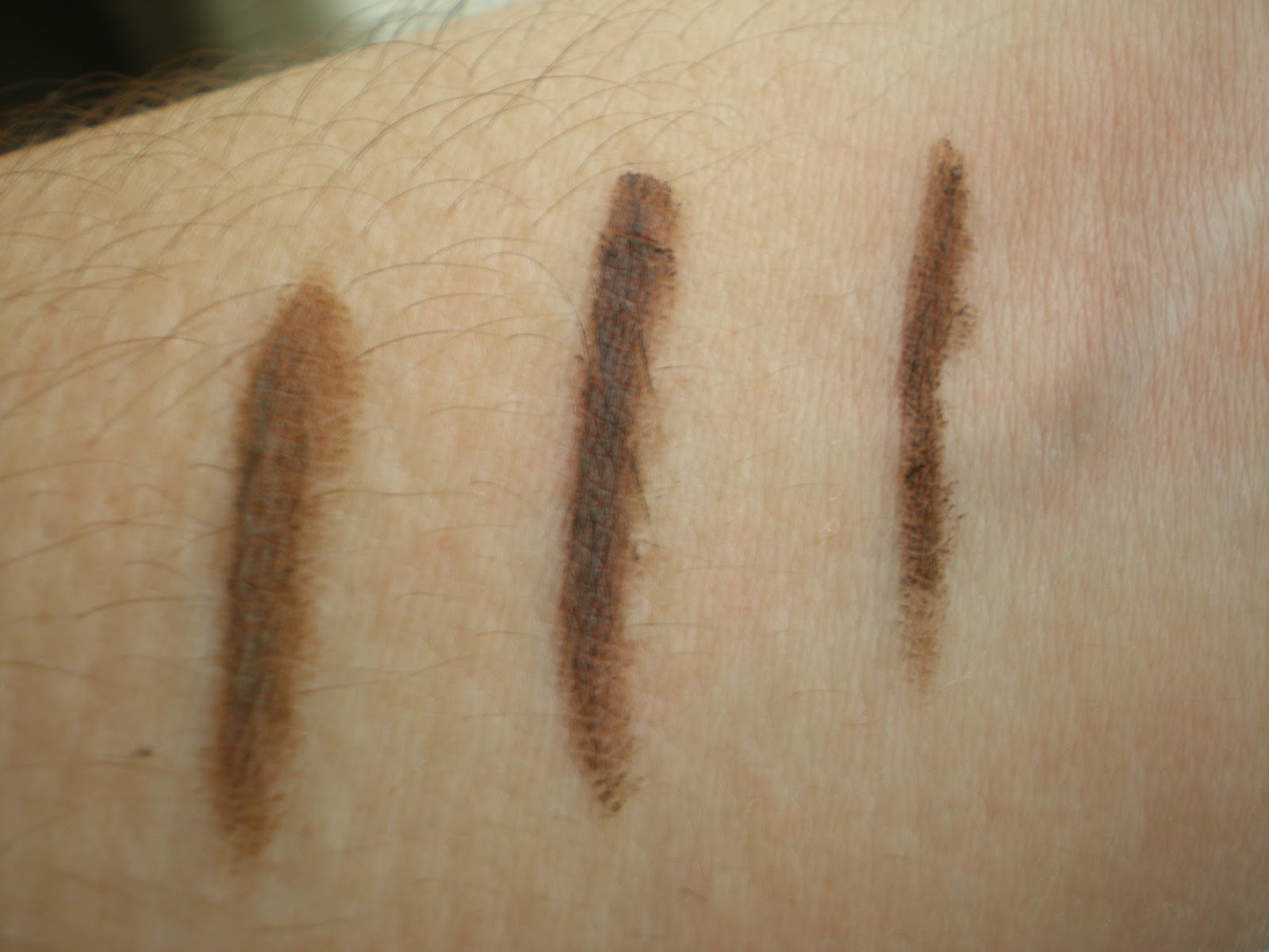 Swatches from left: Benefit instant brow pencil, ELF Eyebrow Lifter & Filler, L'oreal Super Liner Brow Artist