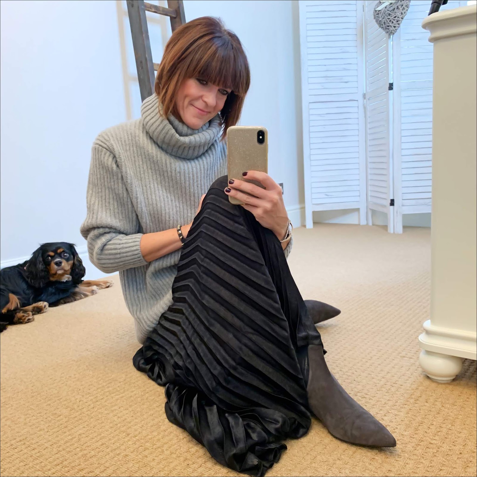 my midlife fashion, acne studios chunky ribbed roll neck jumper, jd williams sunray pleated maxi skirt, madeleine soft suede chelsea boots