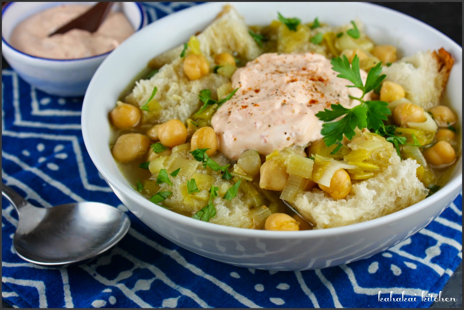 Kahakai Kitchen Chickpea, Leek, and Bread Soup with Harissa Yogurt for