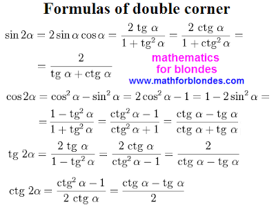 Trigonometry formulas multiple angles. Formulas of double corner. Sine two alpha, cosine 2 alpha, tangent of 2a, cotangent two alpha. Mathforblondes. Mathematics for blondes.