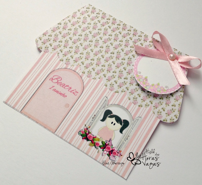 convite artesanal aniversário infantil casinha de boneca menina provençal floral rosa delicado