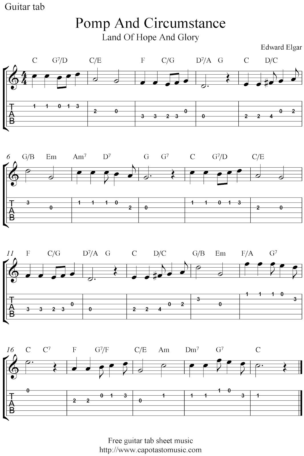 Free easy guitar tablature sheet music score, Land Of Hope And Glory