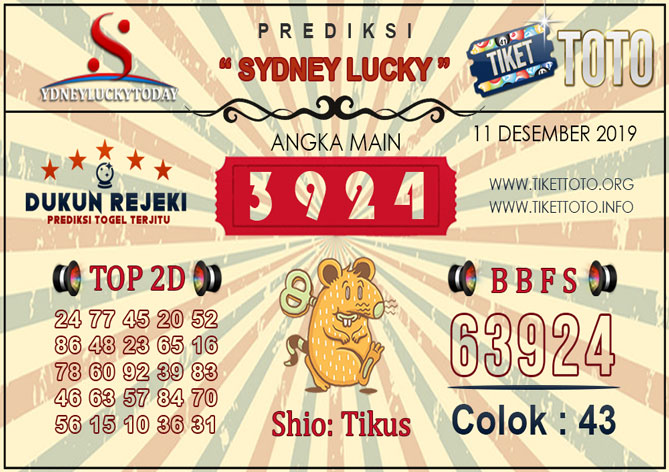 Prediksi Togel SYDNEY LUCKY TIKETTOTO 11 DESEMBER 2019