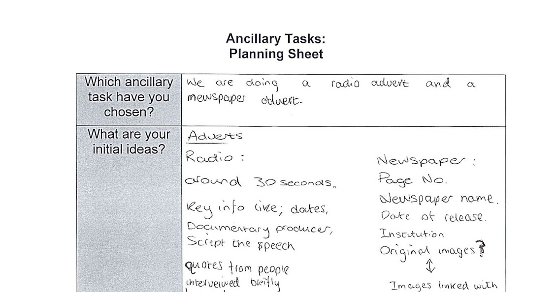 Barney Tossell Advanced Production Ancillary Task Planning Sheet