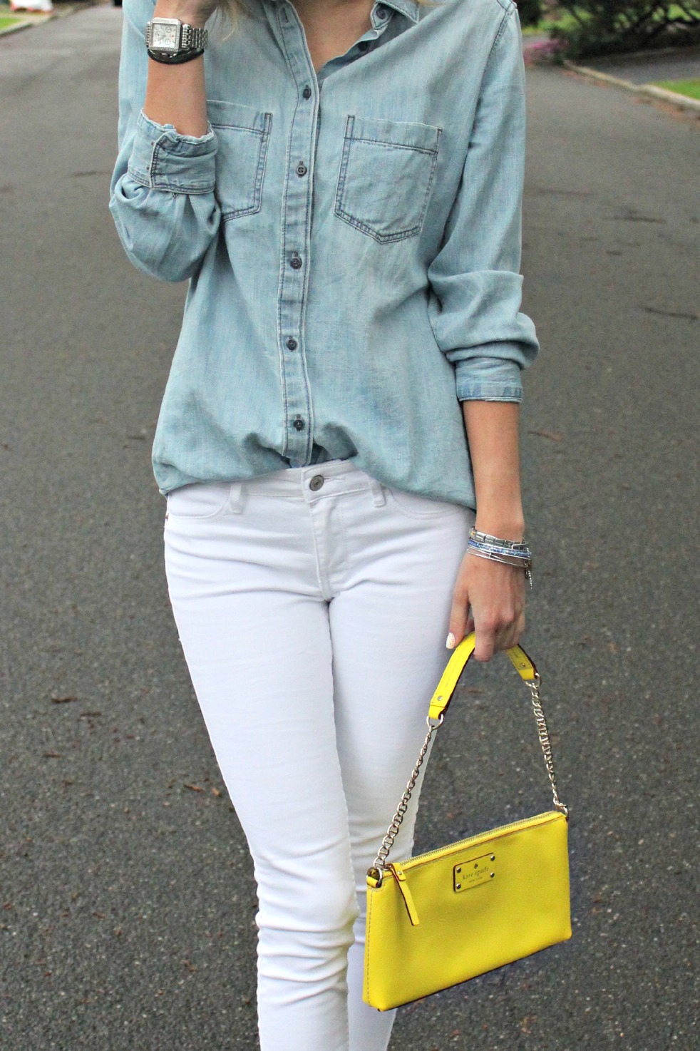 chambray top & white jeans