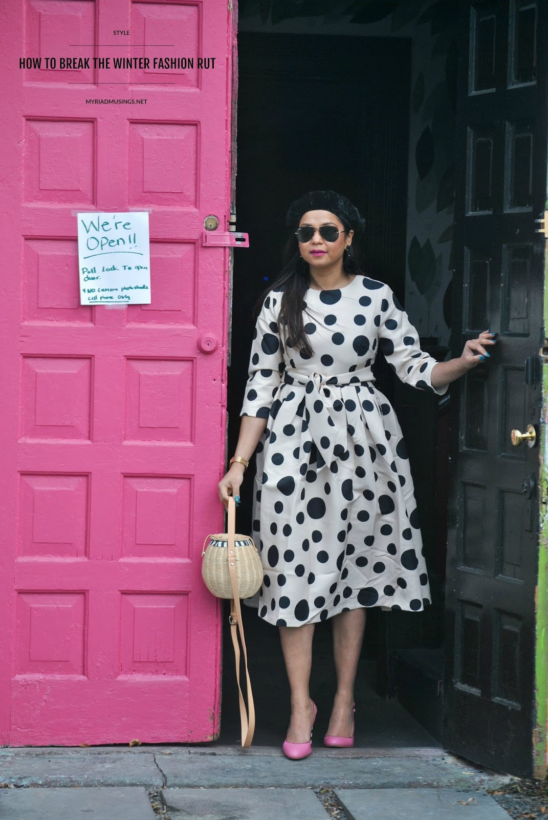 how to wear polka dots in winter, print on print, textured, fashion, street style, leather jacket, pink stripe heels, get out of a fashion rut, street style, beret style, myriad musings, Dainty Jewells polka dot midi dress how to wear polka dots in winter, print on print, textured, fashion, street style, leather jacket, pink stripe heels, get out of a fashion rut, street style, beret style, myriad musings, Dainty Jewells polka dot midi dress