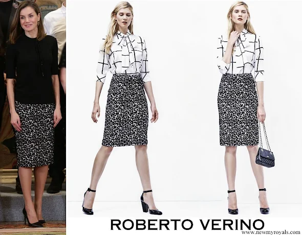 Queen Letizia wore Roberto Verino Jacquard pencil skirt
