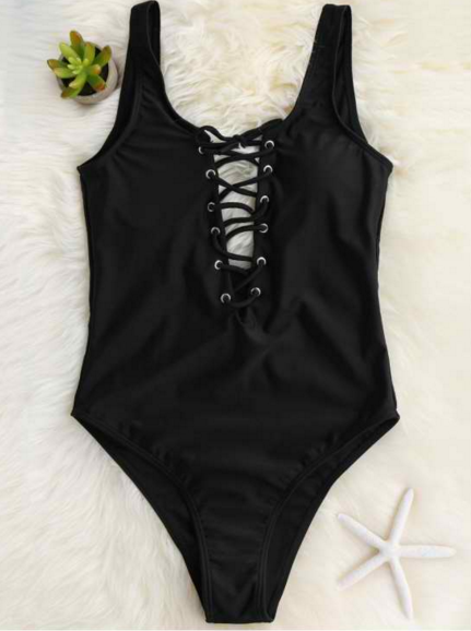 Lace Up Slimming One Piece Swimsuit - Black