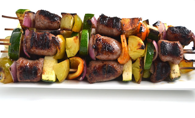 Grilled Bratwurst Kebabs are simple to make and are loaded with flavorful beer brats, bell peppers, onions, potatoes and zucchini for the perfect meal! www.nutritionistreviews.com