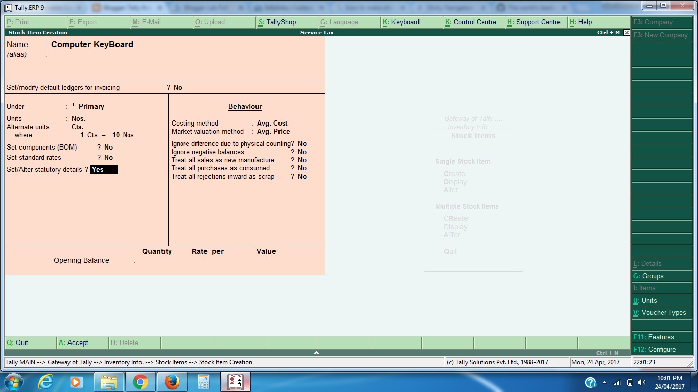 Define Tax Rate & Ledger or Stock Item