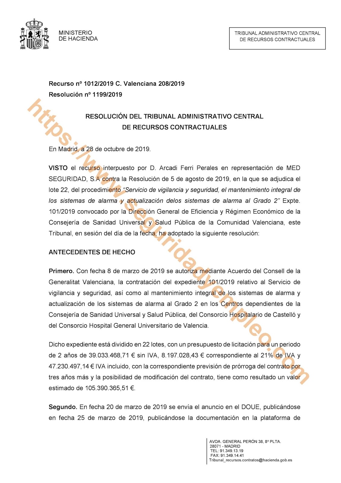 Resolución del tribunal de arbitraje sobre el lote 22 de sanidad de la Consejería de sanidad de Valencia. (Hospital general)