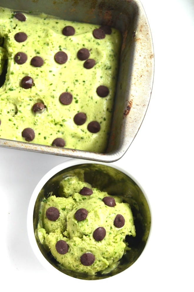 Mint Chocolate Chip Protein Ice Cream is made healthy with a frozen banana base, fresh mint leaves, protein and spinach for color for an easy dessert or snack! www.nutritionistreviews.com