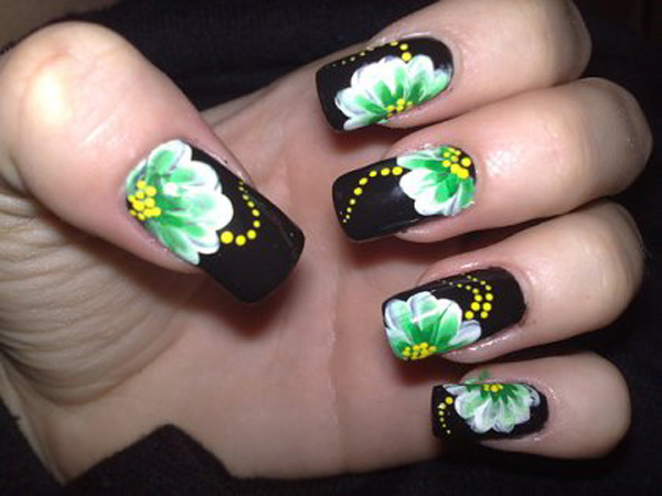 Black Nail Art with Green Flowers