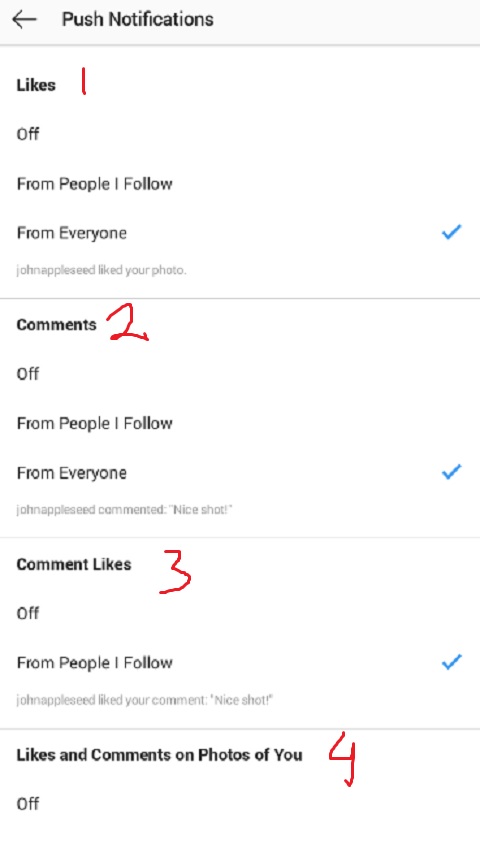 List Push Notifikasi Instagram