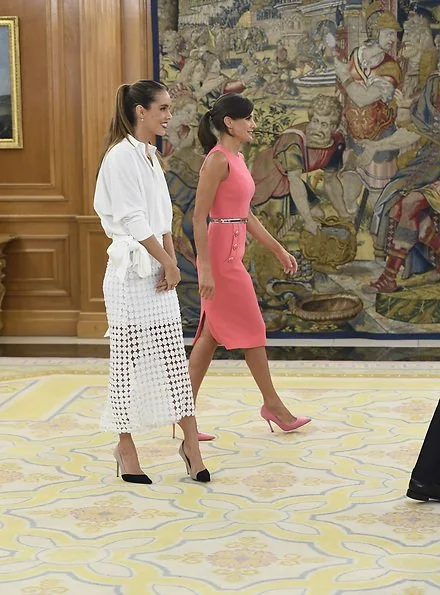 Queen Letizia wore a button detail stretch wool dress by Michael Kors. swimmer Ona Carbonell at Zarzuela Palace in Madrid