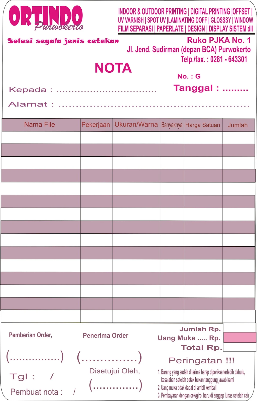 Template Nota CDR | LDR PRINT PURWOKERTO